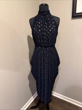 B44 Tommy Hilfiger Women’s 6 Navy Halter Midi Dress with Gold Polka Accents